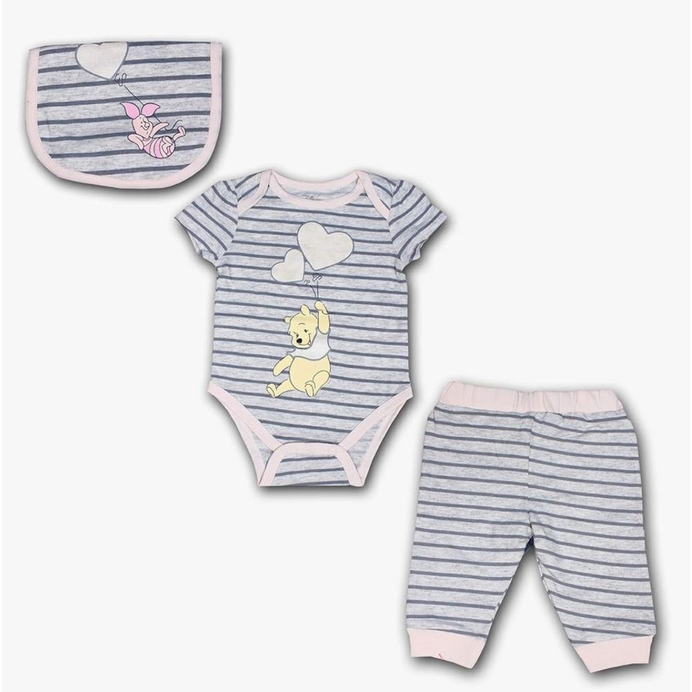 Disney Winnie the Pooh Girls’ Bodysuit, Jogger and Bib Set for Newborn – Grey